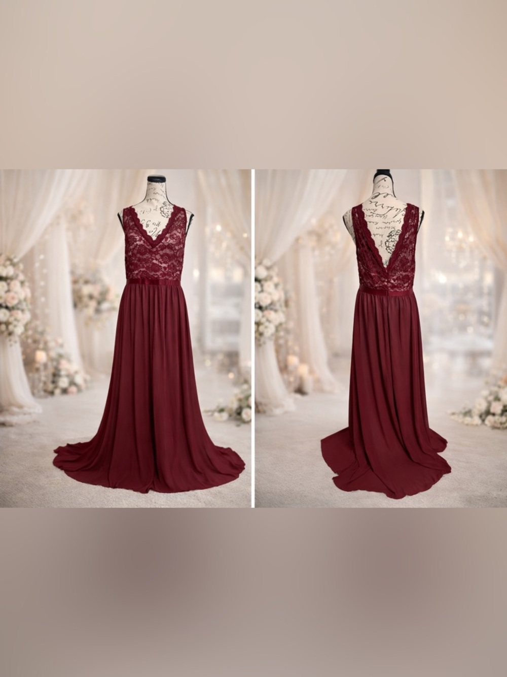 MIUSOL Burgundy Lace Maxi Dress Size XLFormal Evening Gown with Train Minor Flaw - Picture 2 of 11